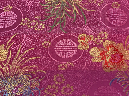 Chinese Brocade Embroidered Fabric by the YARD. Asian Style Satin Woven Fabric for Home Décor, Clothing, Craft. Pink Floral and Medallions.