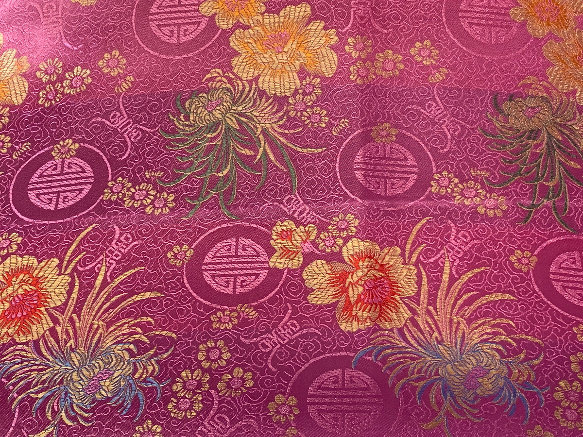 Chinese Brocade Embroidered Fabric by the YARD. Asian Style Satin Woven Fabric for Home Décor, Clothing, Craft. Pink Floral and Medallions.
