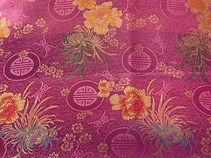 Chinese Brocade Embroidered Fabric by the YARD. Asian Style Satin Woven Fabric for Home Décor, Clothing, Craft. Pink Floral and Medallions.