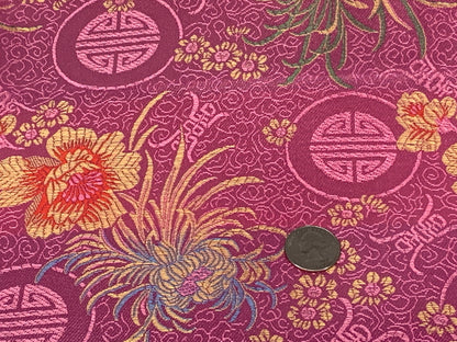 Chinese Brocade Embroidered Fabric by the YARD. Asian Style Satin Woven Fabric for Home Décor, Clothing, Craft. Pink Floral and Medallions.