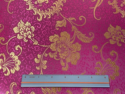 Chinese Brocade Embroidered Fabric by the YARD. Asian Style Satin Woven Fabric for Home Décor, Clothing, Craft. Light Pink & Gold Floral.