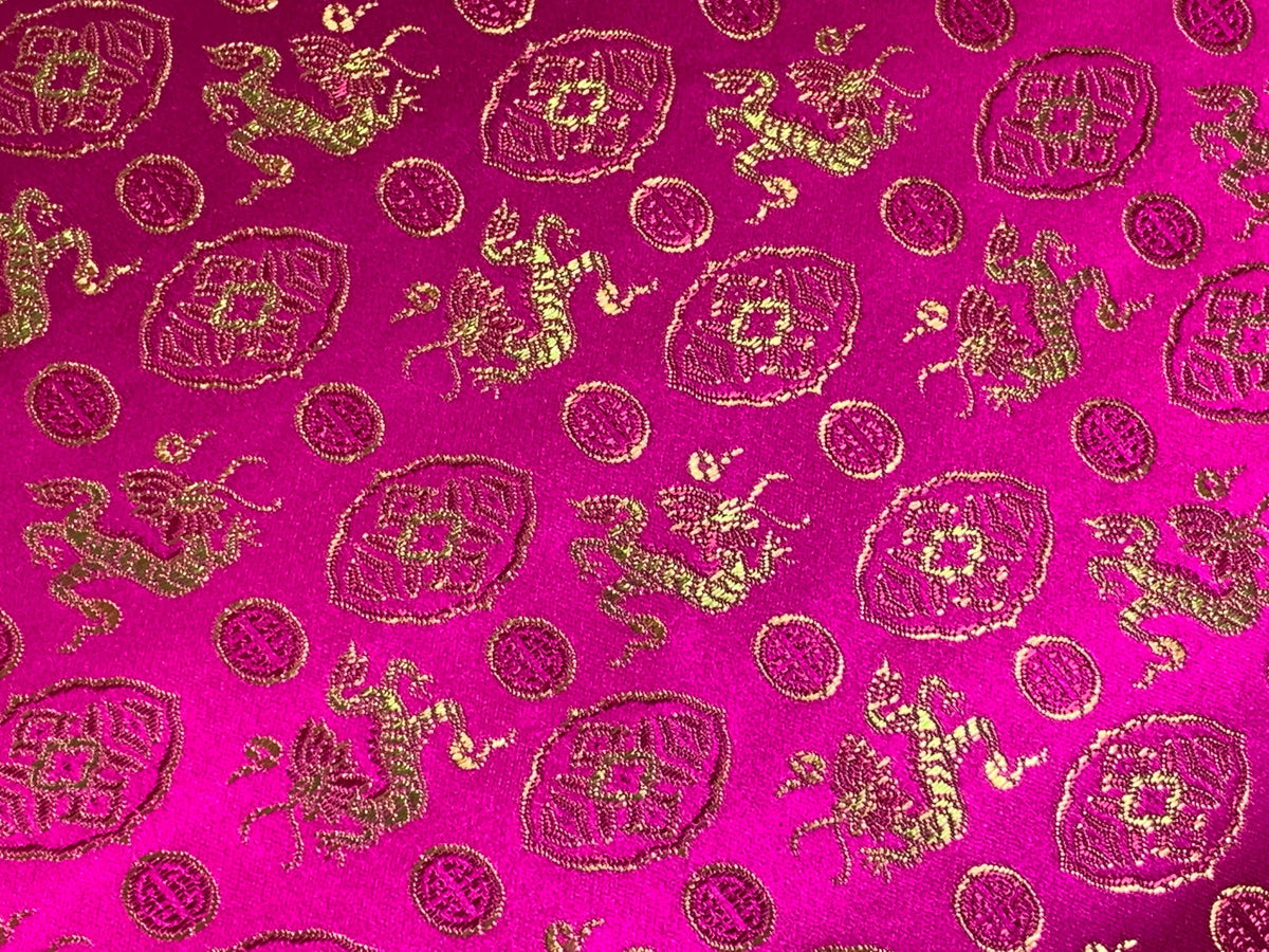 Chinese Brocade Embroidered Fabric by the YARD. Asian Satin Woven Fabric for Home Décor, Clothing, Craft. Pink/Gold Dragons & Medallions.