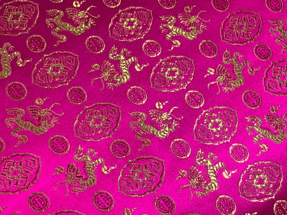 Chinese Brocade Embroidered Fabric by the YARD. Asian Satin Woven Fabric for Home Décor, Clothing, Craft. Pink/Gold Dragons & Medallions.