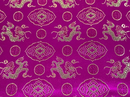 Chinese Brocade Embroidered Fabric by the YARD. Asian Satin Woven Fabric for Home Décor, Clothing, Craft. Pink/Gold Dragons & Medallions.