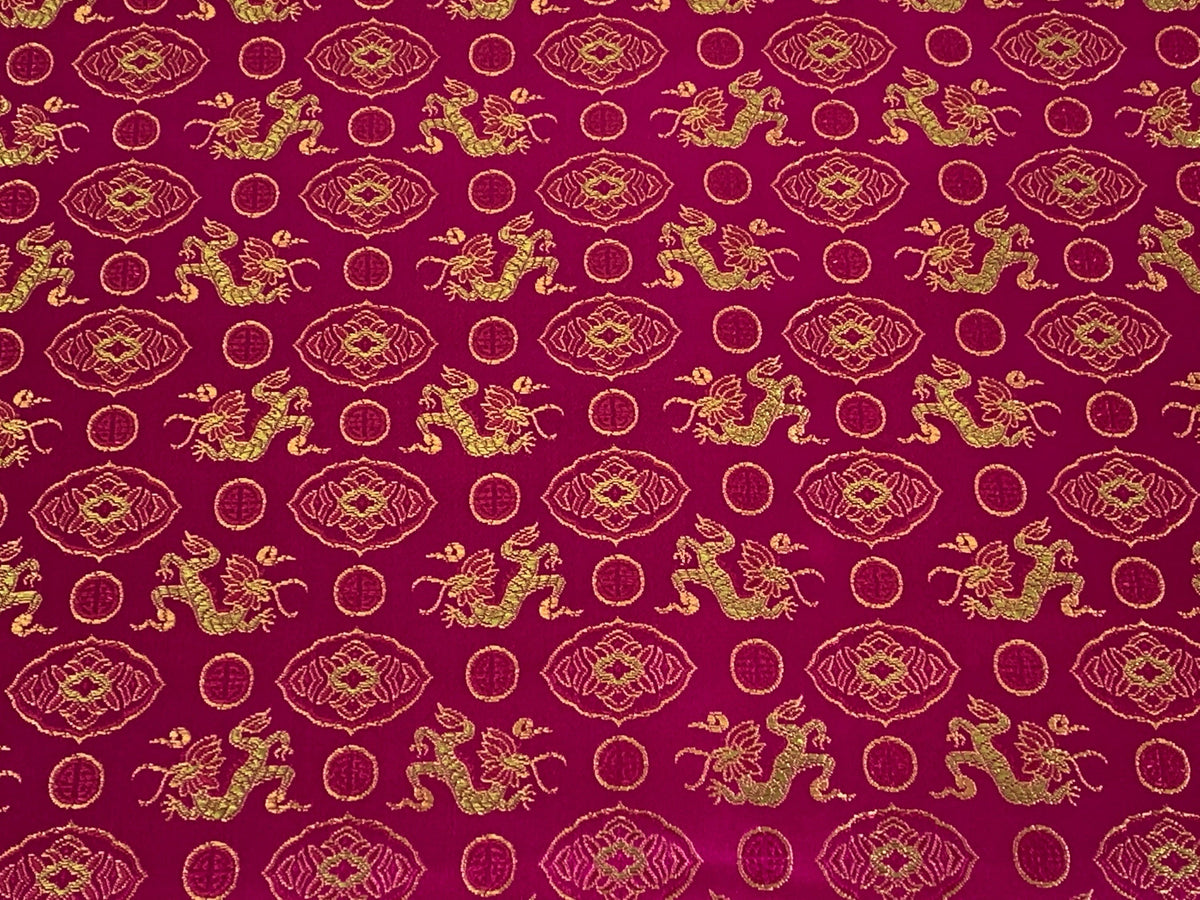 Chinese Brocade Embroidered Fabric by the YARD. Asian Satin Woven Fabric for Home Décor, Clothing, Craft. Pink/Gold Dragons & Medallions.