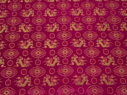 Chinese Brocade Embroidered Fabric by the YARD. Asian Satin Woven Fabric for Home Décor, Clothing, Craft. Pink/Gold Dragons & Medallions.