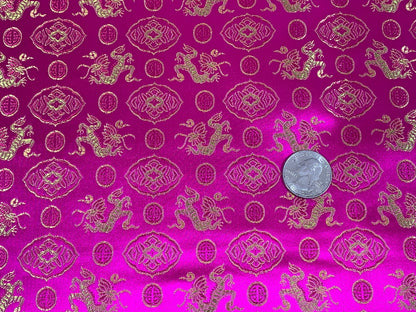 Chinese Brocade Embroidered Fabric by the YARD. Asian Satin Woven Fabric for Home Décor, Clothing, Craft. Pink/Gold Dragons & Medallions.