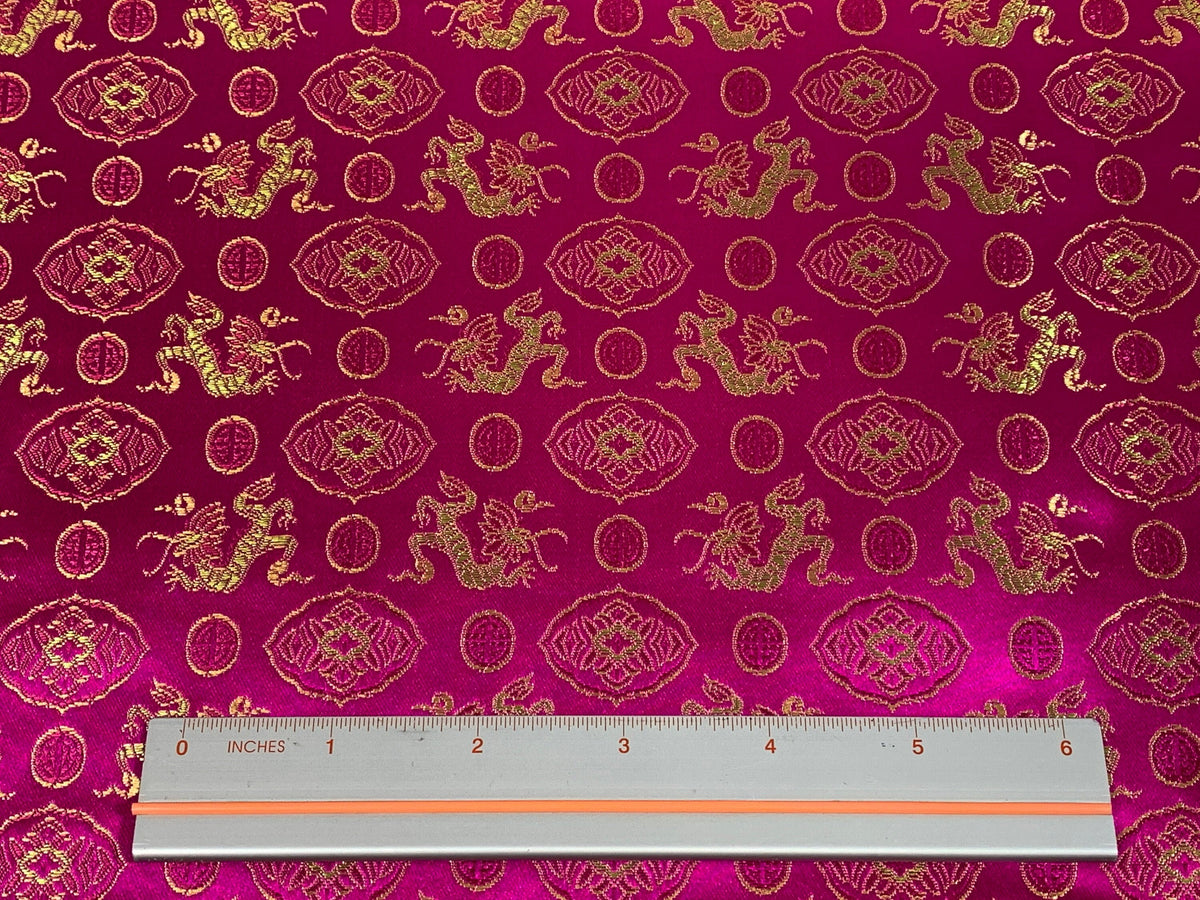 Chinese Brocade Embroidered Fabric by the YARD. Asian Satin Woven Fabric for Home Décor, Clothing, Craft. Pink/Gold Dragons & Medallions.