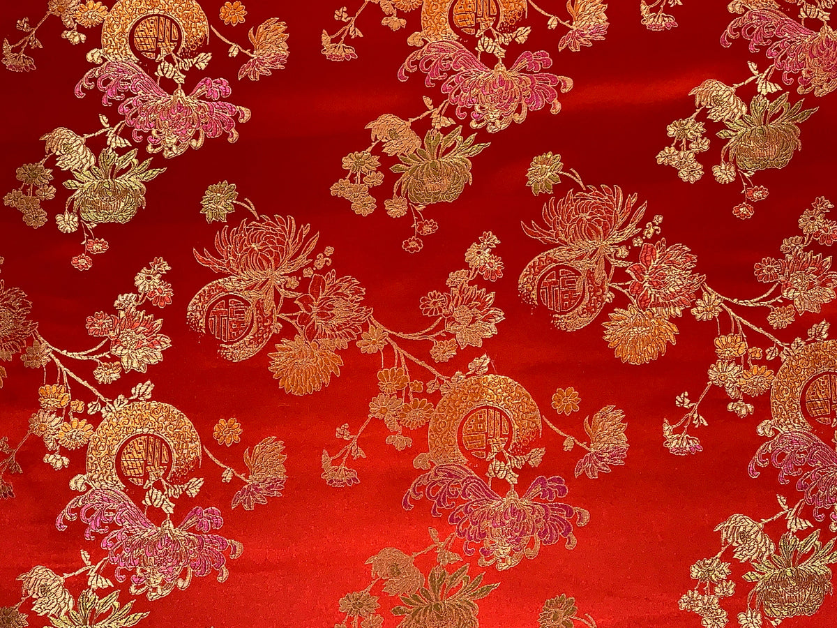 Chinese Brocade Embroidered Fabric by the YARD. Asian Style Satin Woven Fabric for Home Décor, Clothing, Craft. Red & Gold Floral Medallion
