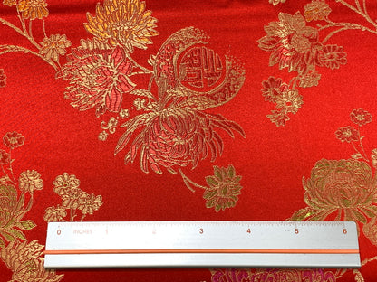 Chinese Brocade Embroidered Fabric by the YARD. Asian Style Satin Woven Fabric for Home Décor, Clothing, Craft. Red & Gold Floral Medallion