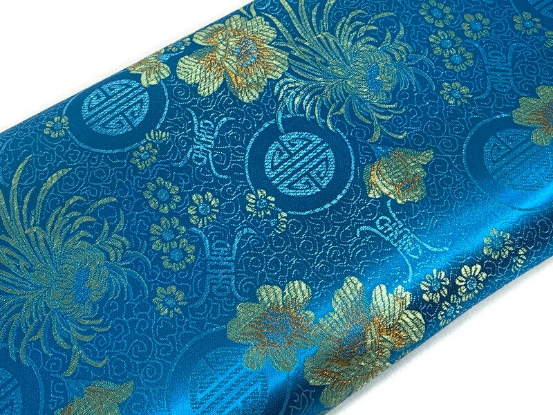 Chinese Brocade Embroidered Fabric by the YARD. Asian Style Satin Woven Fabric for Home Décor, Clothing, Craft. Turquoise Blue & Gold Floral