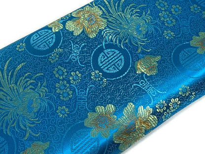 Chinese Brocade Embroidered Fabric by the YARD. Asian Style Satin Woven Fabric for Home Décor, Clothing, Craft. Turquoise Blue & Gold Floral