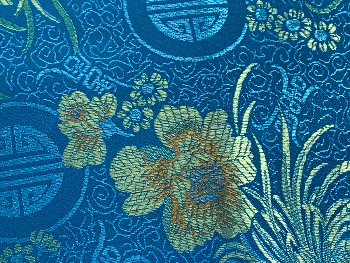 Chinese Brocade Embroidered Fabric by the YARD. Asian Style Satin Woven Fabric for Home Décor, Clothing, Craft. Turquoise Blue & Gold Floral