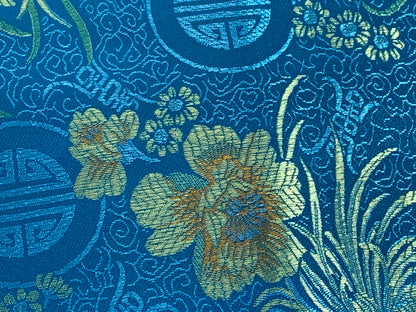 Chinese Brocade Embroidered Fabric by the YARD. Asian Style Satin Woven Fabric for Home Décor, Clothing, Craft. Turquoise Blue & Gold Floral
