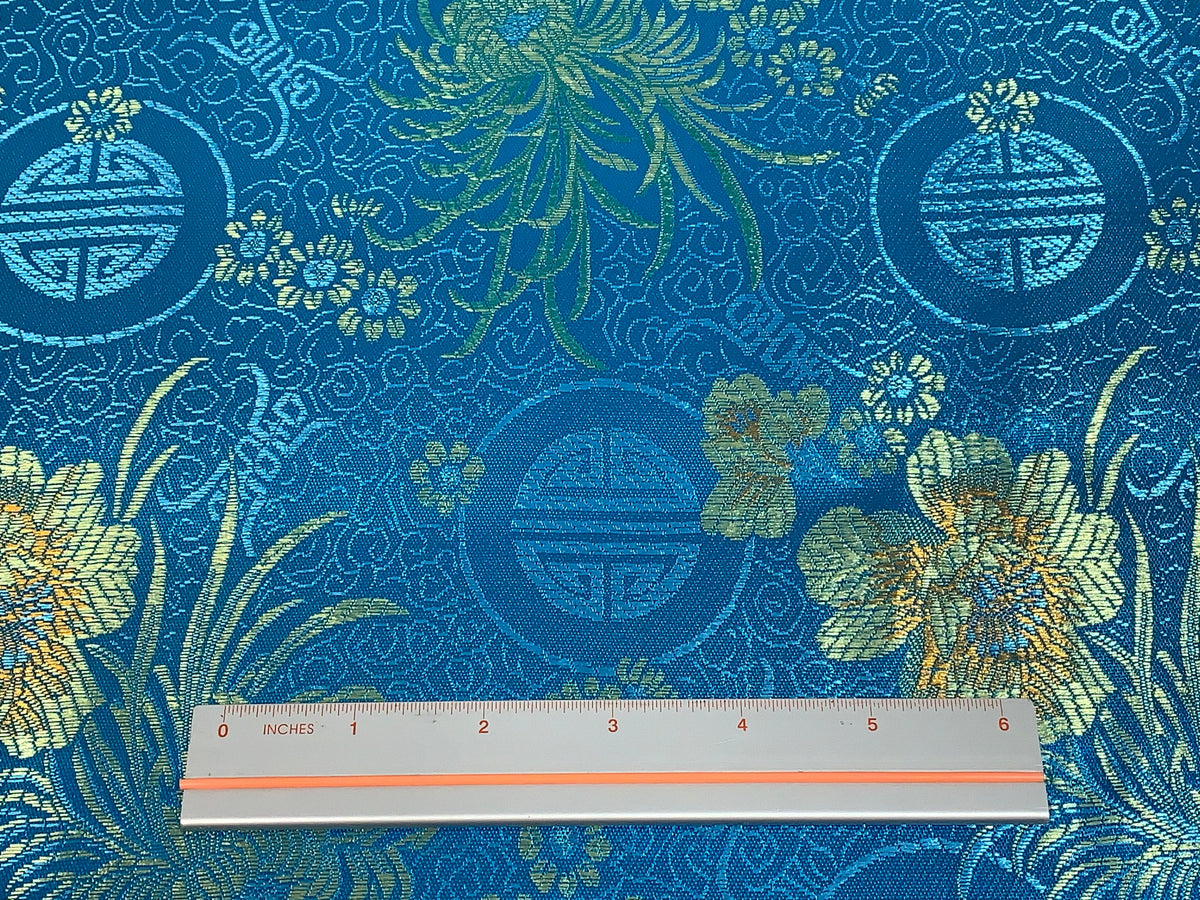 Chinese Brocade Embroidered Fabric by the YARD. Asian Style Satin Woven Fabric for Home Décor, Clothing, Craft. Turquoise Blue & Gold Floral