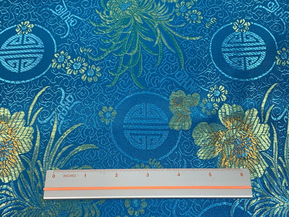 Chinese Brocade Embroidered Fabric by the YARD. Asian Style Satin Woven Fabric for Home Décor, Clothing, Craft. Turquoise Blue & Gold Floral