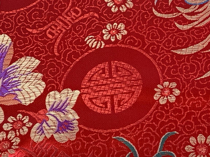 Chinese Brocade Embroidered Fabric by the YARD. Asian Style Satin Woven Fabric for Home Décor, Clothing, Craft. Red/Gold Floral & Medallions