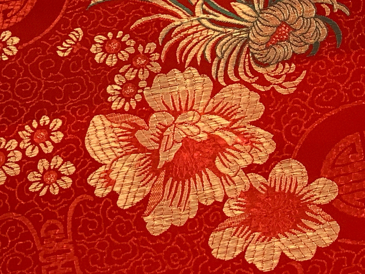 Chinese Brocade Embroidered Fabric by the YARD. Asian Style Satin Woven Fabric for Home Décor, Clothing, Craft. Red/Gold Floral & Medallions