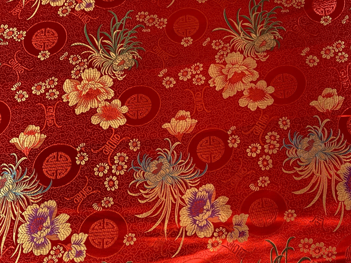 Chinese Brocade Embroidered Fabric by the YARD. Asian Style Satin Woven Fabric for Home Décor, Clothing, Craft. Red/Gold Floral & Medallions