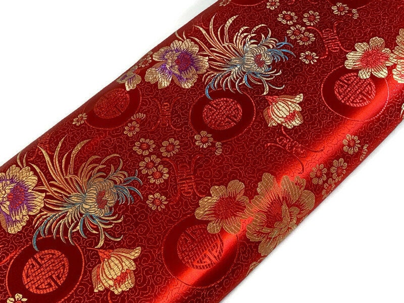 Chinese Brocade Embroidered Fabric by the YARD. Asian Style Satin Woven Fabric for Home Décor, Clothing, Craft. Red/Gold Floral & Medallions