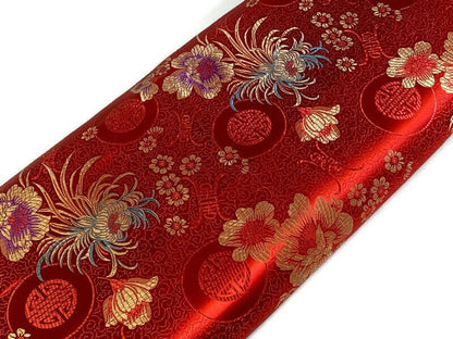 Chinese Brocade Embroidered Fabric by the YARD. Asian Style Satin Woven Fabric for Home Décor, Clothing, Craft. Red/Gold Floral & Medallions