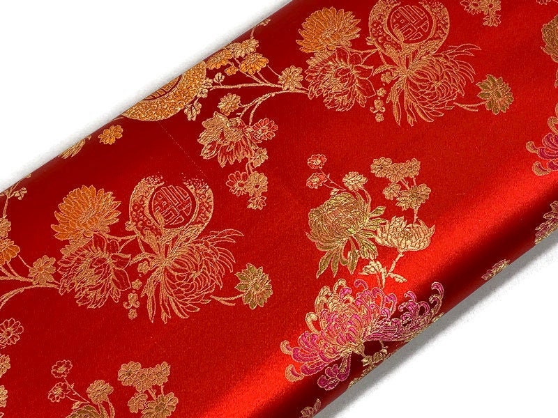 Chinese Brocade Embroidered Fabric by the YARD. Asian Style Satin Woven Fabric for Home Décor, Clothing, Craft. Red & Gold Floral Medallion