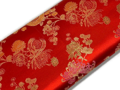 Chinese Brocade Embroidered Fabric by the YARD. Asian Style Satin Woven Fabric for Home Décor, Clothing, Craft. Red & Gold Floral Medallion