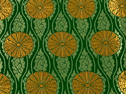Chinese Brocade Embroidered Fabric by the YARD. Asian Satin Woven Fabric for Home Décor, Clothing, Craft. Emerald Green/Gold Floral Stripes