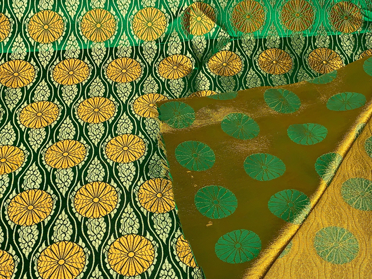 Chinese Brocade Embroidered Fabric by the YARD. Asian Satin Woven Fabric for Home Décor, Clothing, Craft. Emerald Green/Gold Floral Stripes