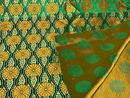 Chinese Brocade Embroidered Fabric by the YARD. Asian Satin Woven Fabric for Home Décor, Clothing, Craft. Emerald Green/Gold Floral Stripes