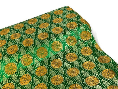 Chinese Brocade Embroidered Fabric by the YARD. Asian Satin Woven Fabric for Home Décor, Clothing, Craft. Emerald Green/Gold Floral Stripes