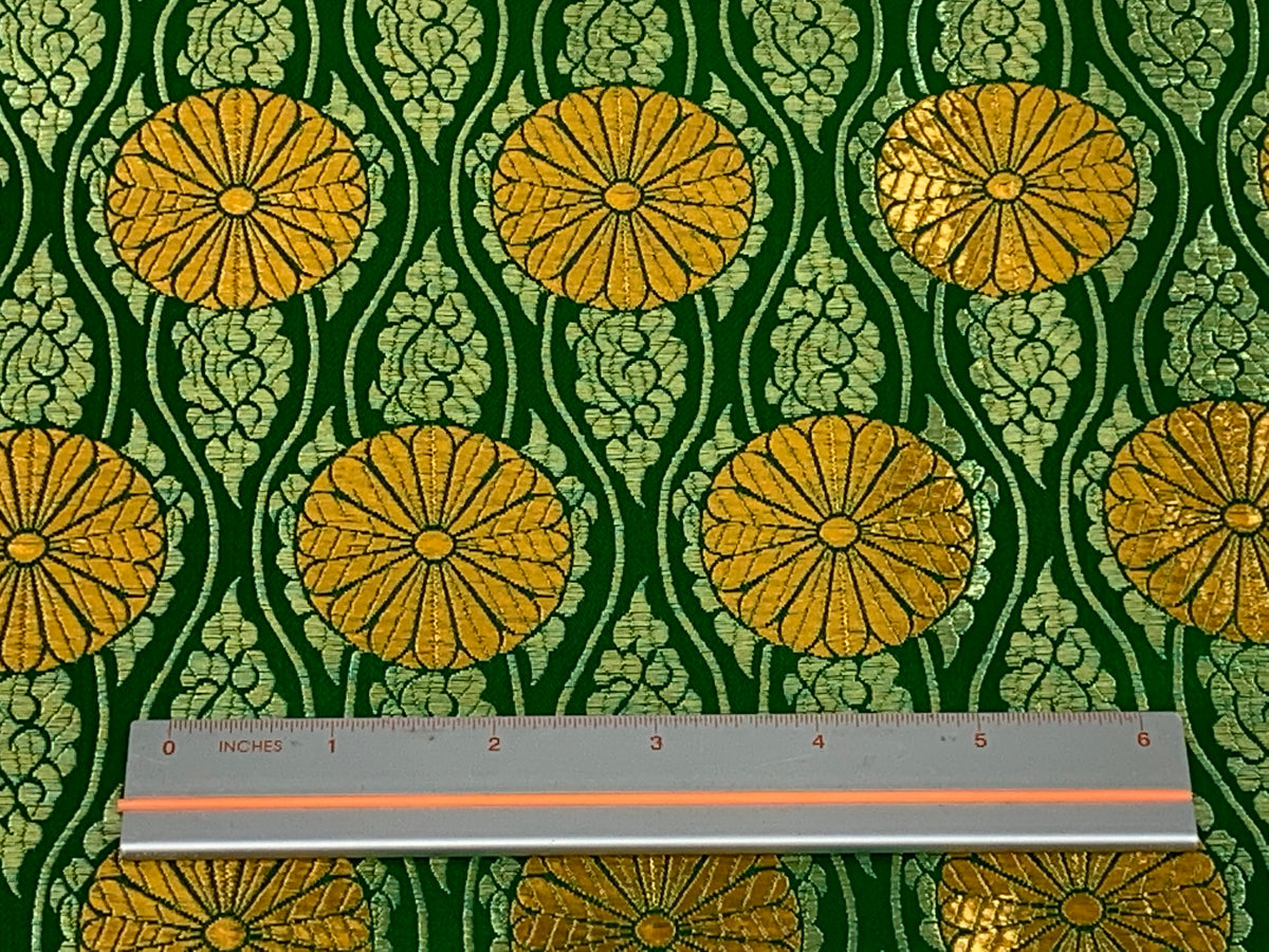 Chinese Brocade Embroidered Fabric by the YARD. Asian Satin Woven Fabric for Home Décor, Clothing, Craft. Emerald Green/Gold Floral Stripes