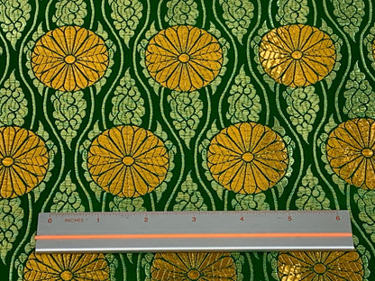 Chinese Brocade Embroidered Fabric by the YARD. Asian Satin Woven Fabric for Home Décor, Clothing, Craft. Emerald Green/Gold Floral Stripes