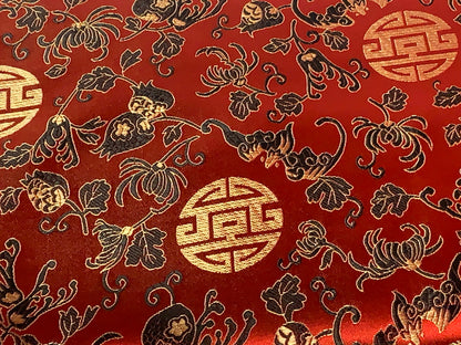 Chinese Brocade Embroidered Fabric by the YARD. Asian Style Satin Woven Fabric for Home Décor, Clothing, Craft. Red, Black, Gold Floral