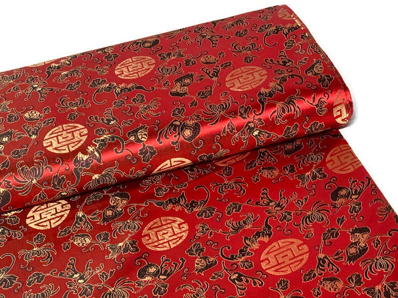 Chinese Brocade Embroidered Fabric by the YARD. Asian Style Satin Woven Fabric for Home Décor, Clothing, Craft. Red, Black, Gold Floral