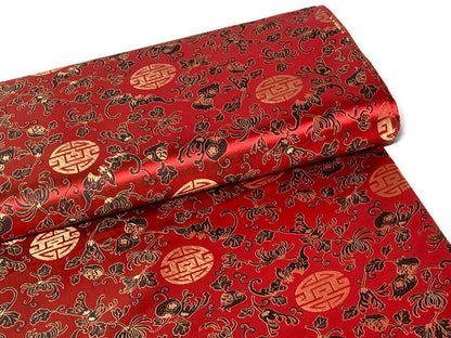 Chinese Brocade Embroidered Fabric by the YARD. Asian Style Satin Woven Fabric for Home Décor, Clothing, Craft. Red, Black, Gold Floral