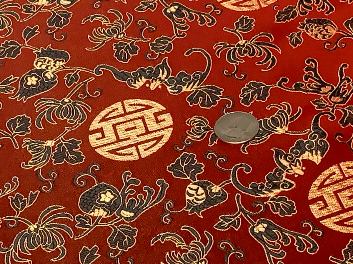Chinese Brocade Embroidered Fabric by the YARD. Asian Style Satin Woven Fabric for Home Décor, Clothing, Craft. Red, Black, Gold Floral