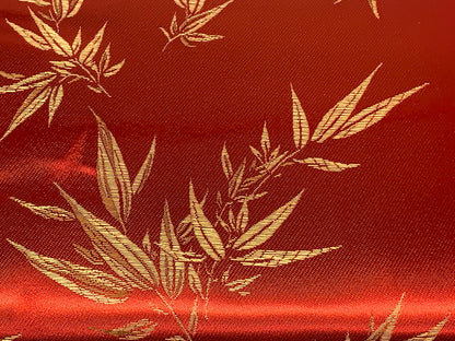 Chinese Brocade Embroidered Fabric by the YARD. Asian Style Satin Woven Fabric for Home Décor, Clothing, Craft. Red and Gold Bamboo Leaves