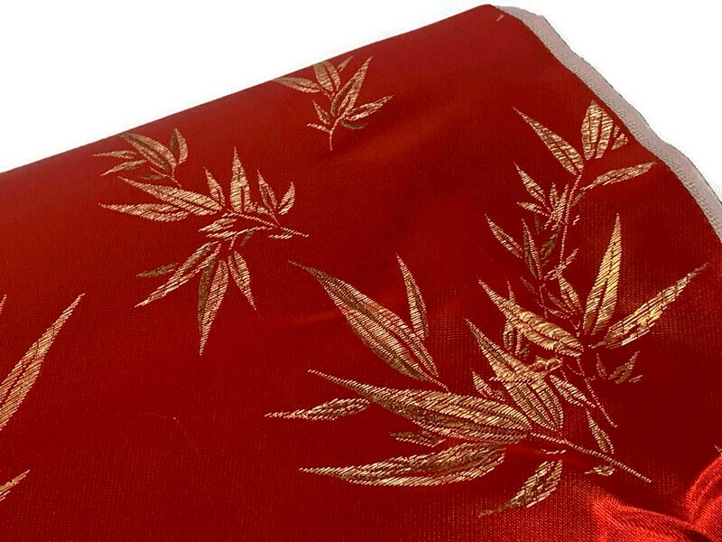 Chinese Brocade Embroidered Fabric by the YARD. Asian Style Satin Woven Fabric for Home Décor, Clothing, Craft. Red and Gold Bamboo Leaves