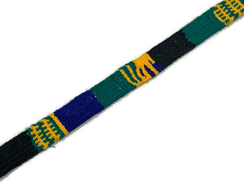 Hand Woven 1/2" Wide Guatemalan Belt, Purse Strap, Sash Sold by the YARD. Cotton Mayan Toto Belt Textile in Blue/Green/Gold/Black Stripes