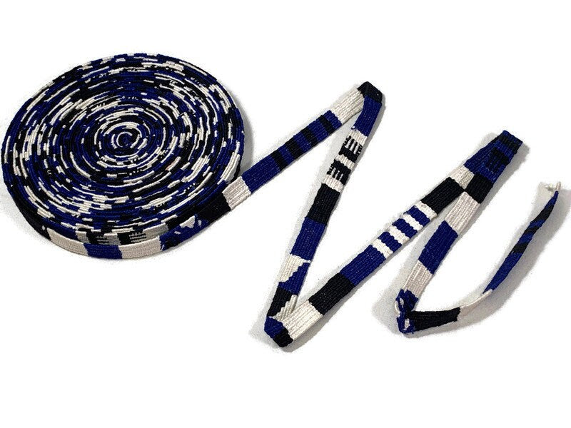 Hand Woven 1/2 Inch Wide Guatemalan Belt, Purse Strap, Sash Sold by the YARD. Cotton Mayan Toto Belt Textile in Blue/Black/White Stripes