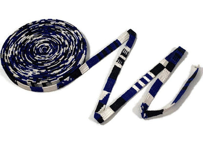 Hand Woven 1/2 Inch Wide Guatemalan Belt, Purse Strap, Sash Sold by the YARD. Cotton Mayan Toto Belt Textile in Blue/Black/White Stripes
