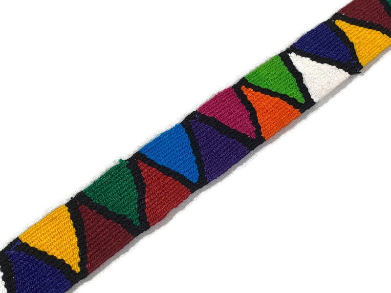 Hand Woven 1.5 Inch Wide Guatemalan Belt, Purse Strap, Sash by the YARD. 100% Cotton Mayan Toto Belt Textile in Rainbow/Black Triangles