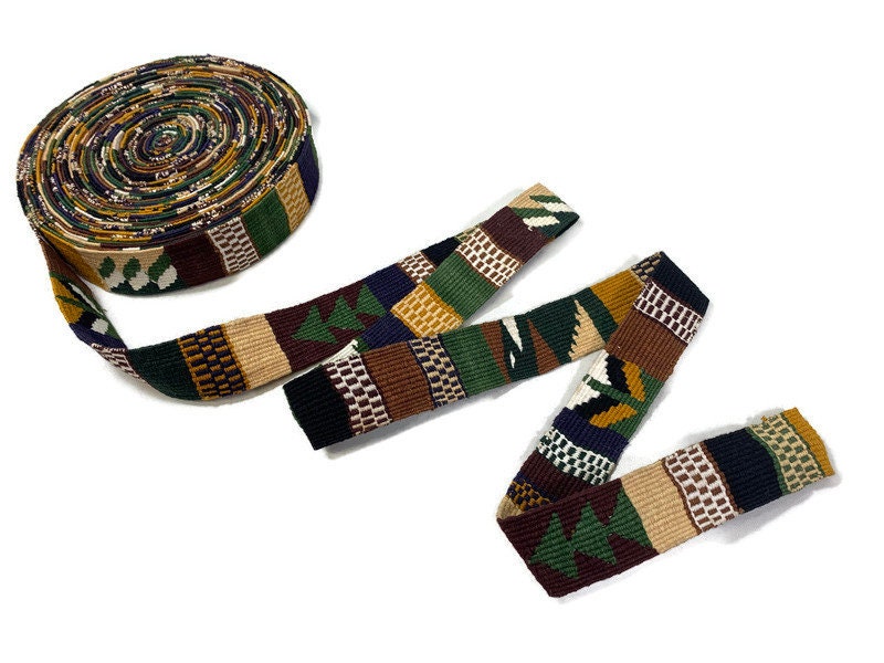Hand Woven 1.25" Wide Guatemalan Belt, Purse Strap, Sash Sold by the YARD. Cotton Mayan Toto Textile Extra Fancy Weave Trees Green/Brown/Tan