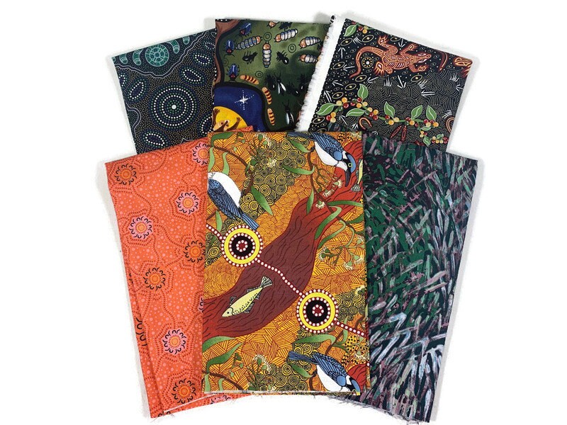 Australian Aboriginal Fabric--6 Piece FAT QUARTER BUNDLE--100% Cotton Quilt Fabric--M&S Green and Orange for quilting, sewing, home décor.