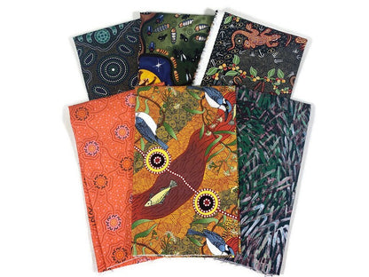 Australian Aboriginal Fabric--6 Piece FAT QUARTER BUNDLE--100% Cotton Quilt Fabric--M&S Green and Orange for quilting, sewing, home décor.