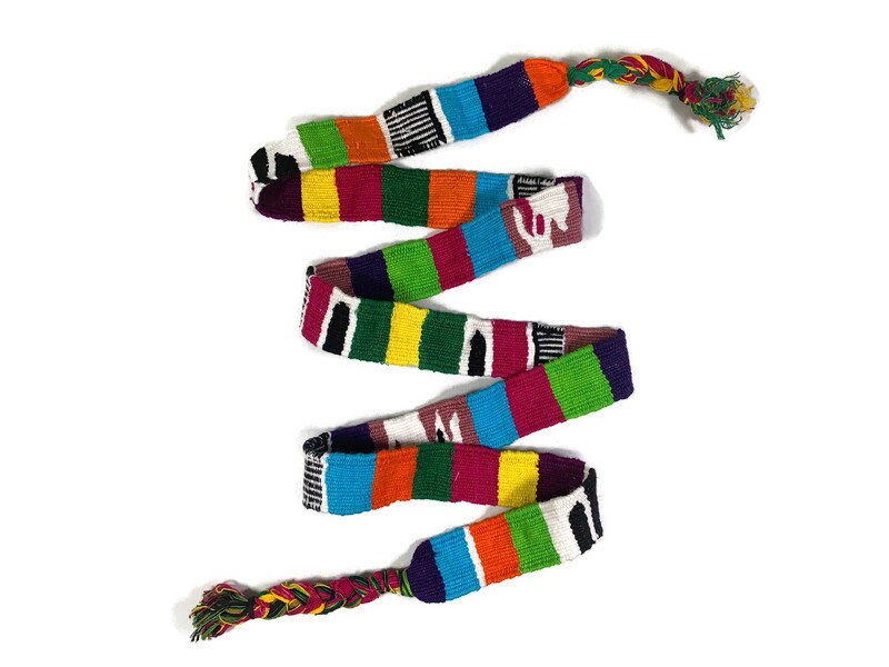 Guatemalan Hand Woven Belt. Bright Turquoise & Assorted Color Braided Tassel Ends. 1.25 Inch Wide x 46 Inch Long Cotton Sash, Strap Textile.