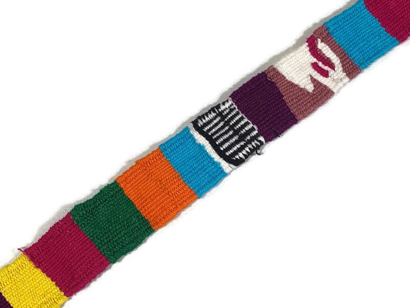 Guatemalan Hand Woven Belt. Bright Turquoise & Assorted Color Braided Tassel Ends. 1.25 Inch Wide x 46 Inch Long Cotton Sash, Strap Textile.