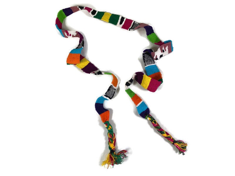 Guatemalan Hand Woven Belt. Bright Turquoise & Assorted Color Braided Tassel Ends. 1.25 Inch Wide x 46 Inch Long Cotton Sash, Strap Textile.