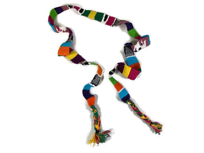 Guatemalan Hand Woven Belt. Bright Turquoise & Assorted Color Braided Tassel Ends. 1.25 Inch Wide x 46 Inch Long Cotton Sash, Strap Textile.